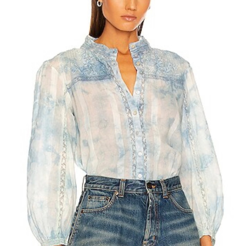 LoveShackFancy button up blue tie dye blouse